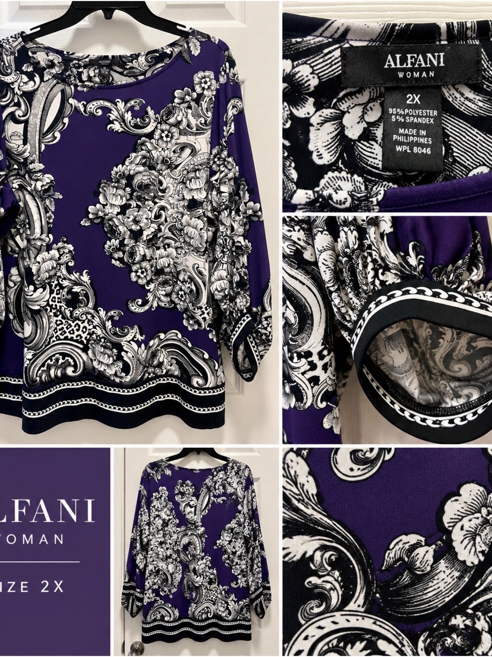 Alfani Woman 2X Deep Purple Baroque Floral Print Long Sleeve Blouse